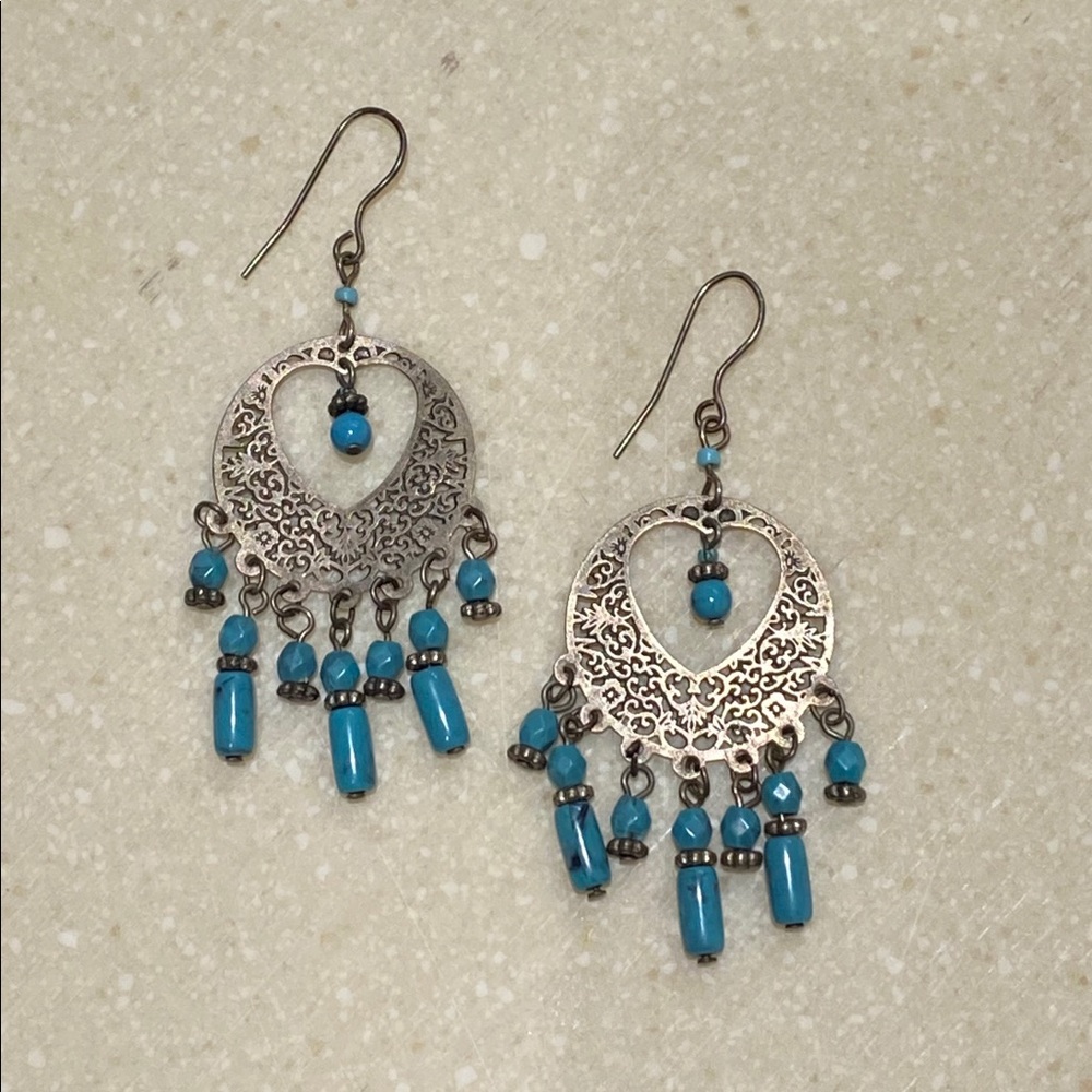 Silver Tone Turquoise Blue Filagree Earrings
